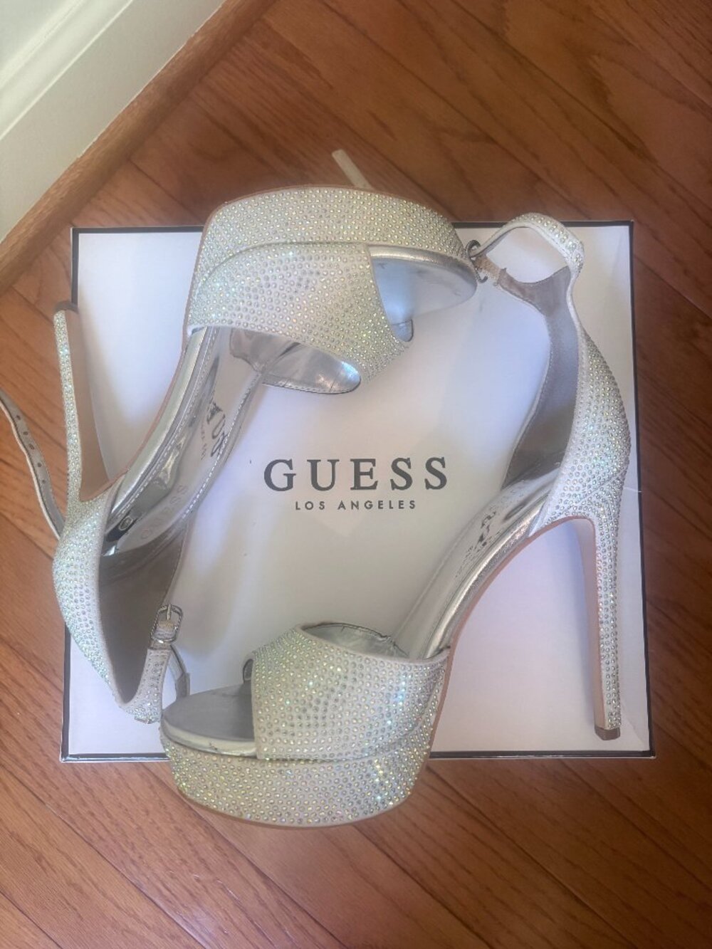 GUESS Silver Rhinestone Platform Heel Size 7.5
